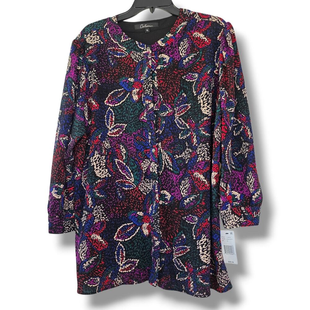 Calessa Artsy Floral Button Knit Blouse Tunic Crinkle Textured SIZE XL NWT Black